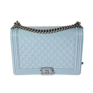 Chanel Light Blue Quilted Patent Leather Large Boy Bag